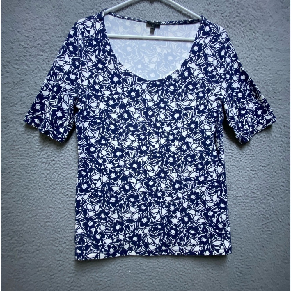 Talbots Shirt Women Medium Blue White Floral Short Sleeve Lined Casual Office